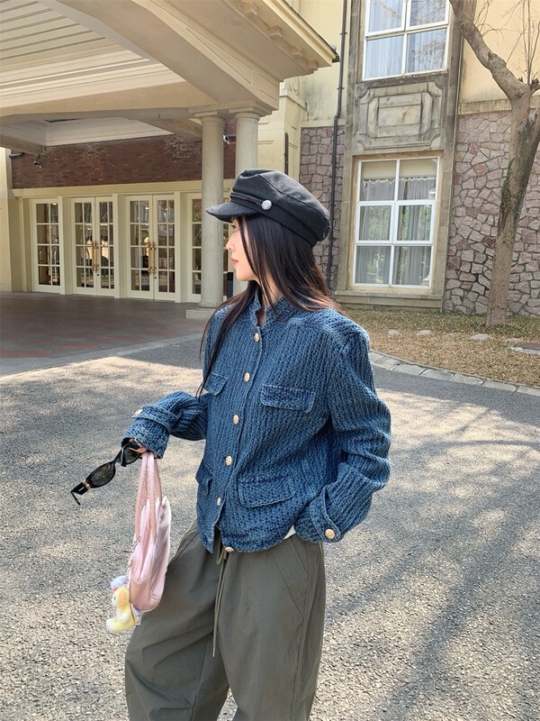 牛仔小香风外套女装秋季宽松小众肌理感立领蓝色夹克百搭气质上衣|undefined