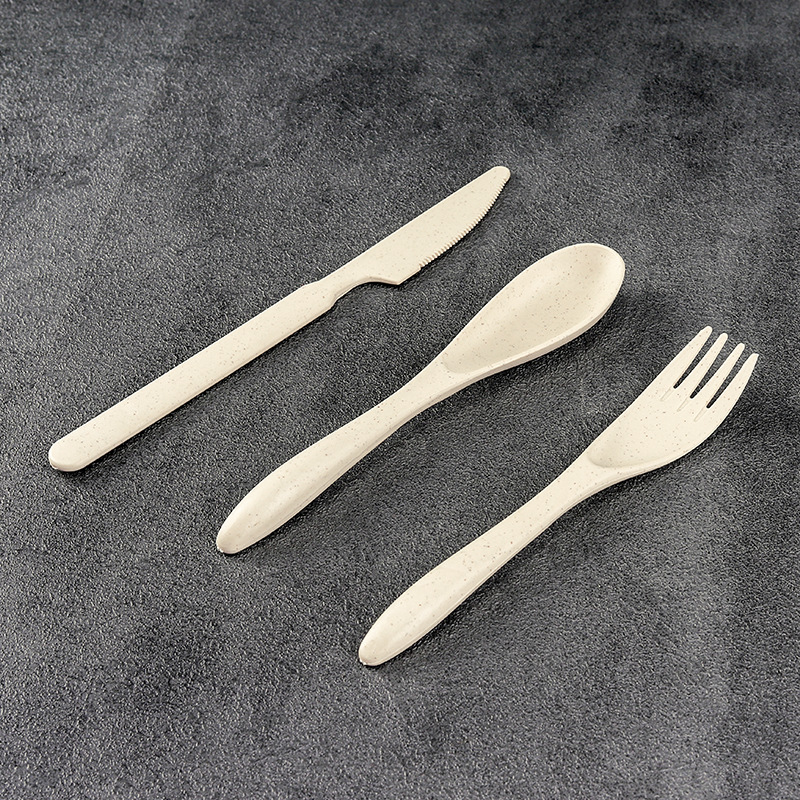 Cuchillo portátil, tenedor y cuchara conjunto de tres piezas de trigo estudiante de viaje palillos, tenedor y cuchara trabajo en caja Smiley vajilla traje logo