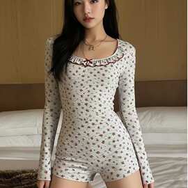 韩版ins甜美蝴蝶结蕾丝碎花睡衣春夏紧身家居服内搭打底连体衣女