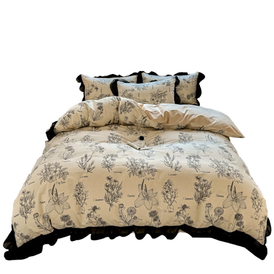 Nordic French Vintage Boho French Vintage Style Floral Skch Pure Four-piece S, 100% Cotton Bed Duv Cover, Fitted She, Three-piece Bedding_voghion.com
