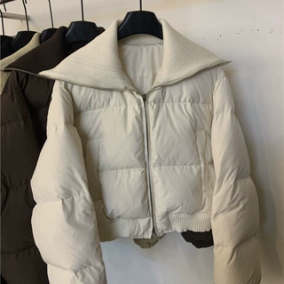 针织大翻领棉服外套女2025冬季新设计感小众休闲加厚短款面包服