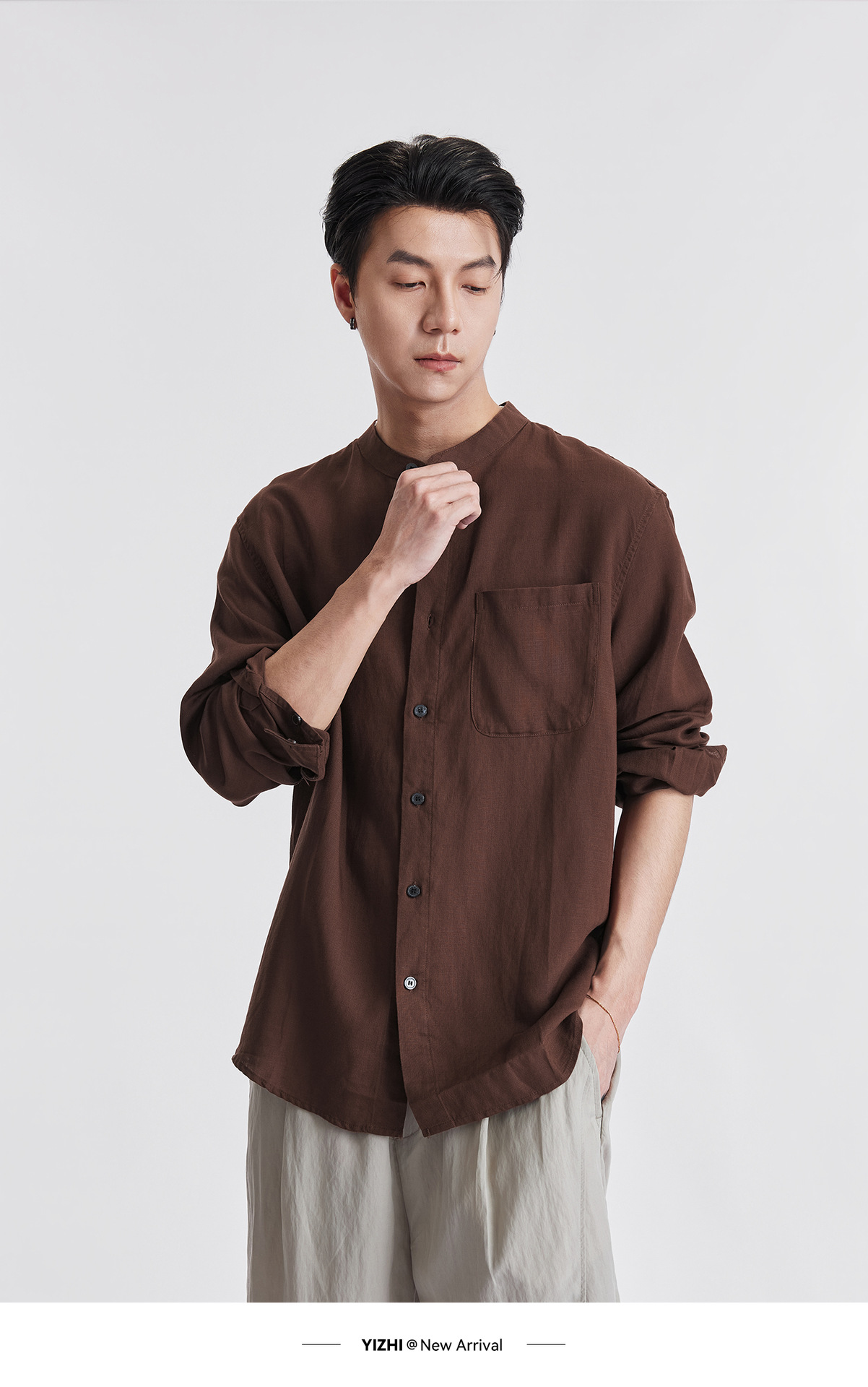 Áo sơ mi nam linen cổ đứng tay dài mùa hè, chất liệu lanh thoáng khí, phong cách Trung Hoa, túi đơn — Xanh navy chi tiết 17