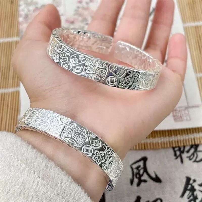 2025新款三面锤纹吉言银手镯白铜镀银男女实心开口手镯|undefined