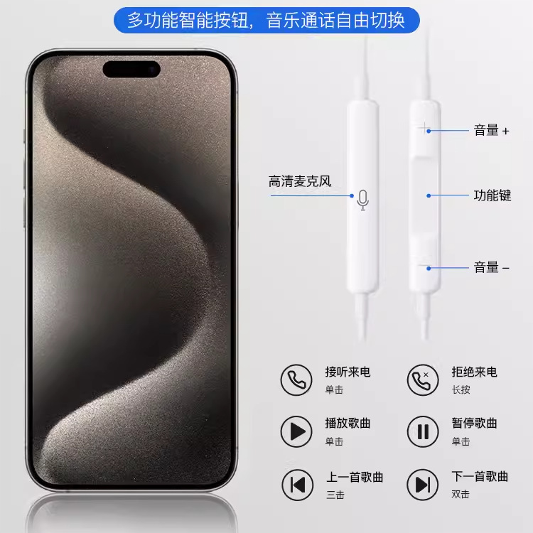 Apple 15 ワイヤー制御ヘッドフォンに適しています。プラグアンドプレイで音楽を聴くことや通話が可能で、フル機能の Type-C 有線ヘッドフォンをサポートしています。|undefined
