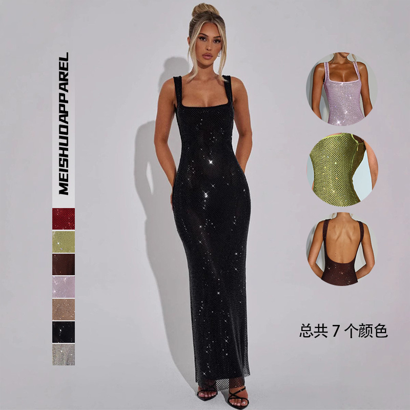 Sexy Double-Strap Sequin Mesh Rhinestone Slip Dress for Women, 2025 Autumn and Winter New Style, Elegant Waist-Cinching Pullover Bodycon Dress