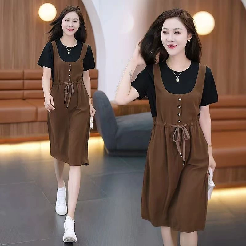 Плюс размер fat MM 40-100kg искусственное платье из двух частей для женщин, новинка лета 2025, свободная утягивающая юбка средней длины, уменьшающая возраст