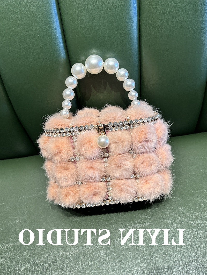 Cross-Border Metal Pearl Mink Faux Fur Bucket Bag, Sparkling Rhinestone Birdcage Handbag And Crossbody Bag For Banquets - Thumbnail 8