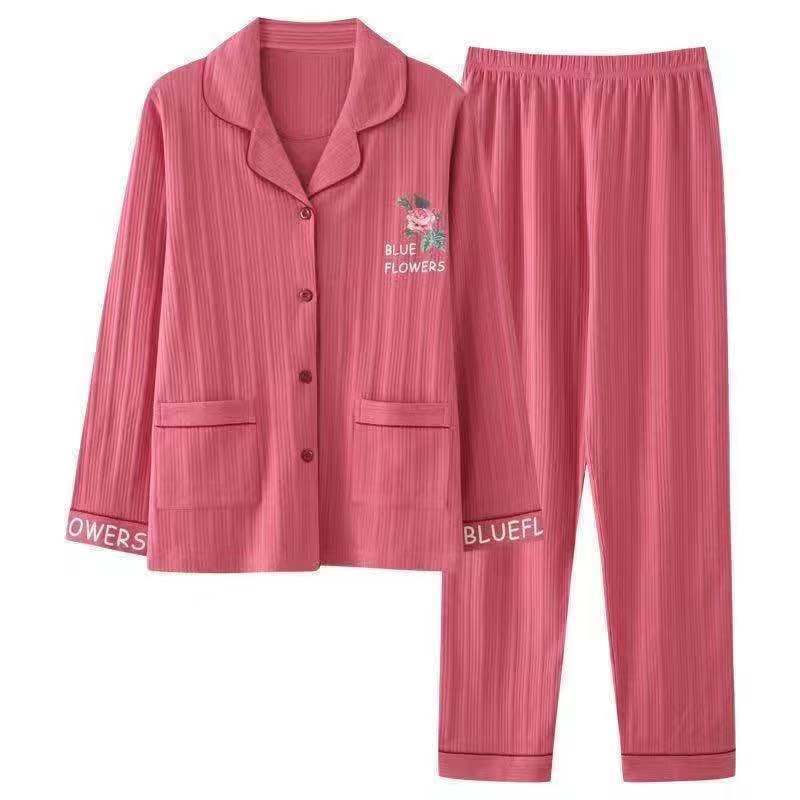 100% pijamas de algodón Primavera y otoño de las mujeres de manga larga más tamaño solapa cardigan traje de mediana edad y joven desgaste del hogar