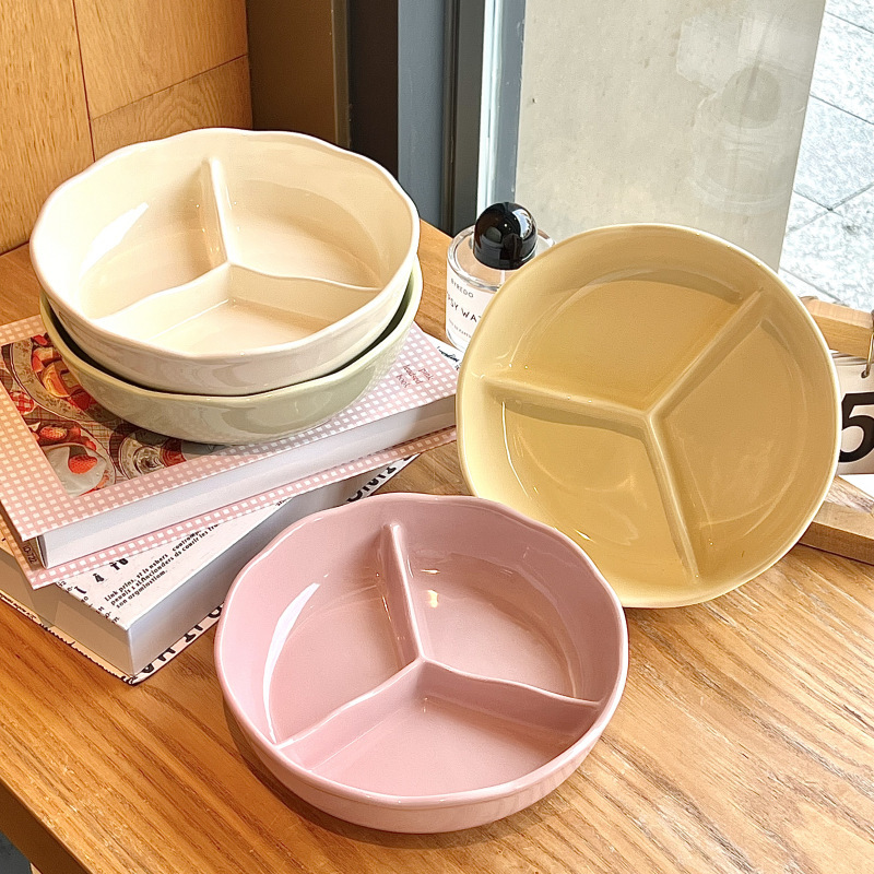 Ins-Style Ceramic Deepened 211 Grid Plate Bowl for Home Use, Fat-Reducing Special Dining Plate, High-Value Breakfast Plate with Underglaze Color