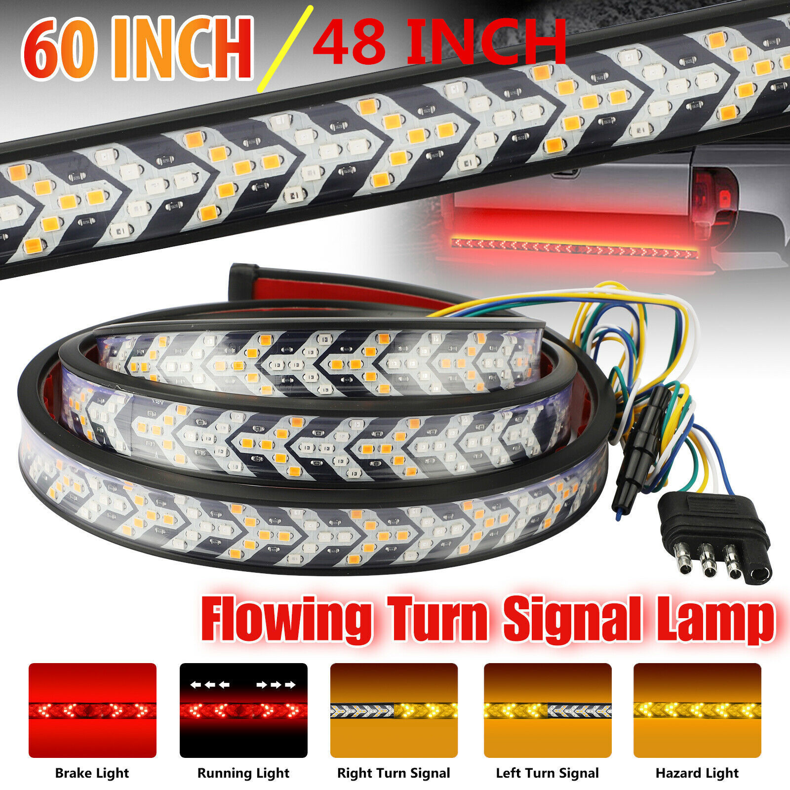 Cross-Border Hot Selling Car Pickup Light Bar 60/ 48inch Tail Multi-Function Turn Signal Flowing Water Fish Bone Brake Light