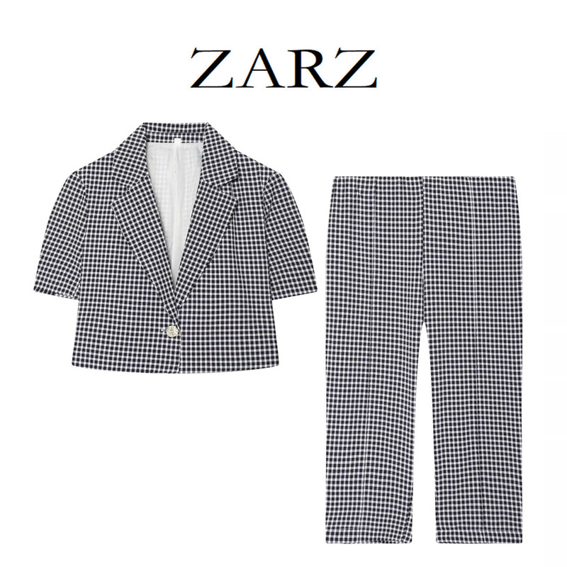 Zarz Self-Made European and American Style New Women's Clothing V-Neck Small Checkered Short Blazer Mid-Waist Plaid Capri Pants