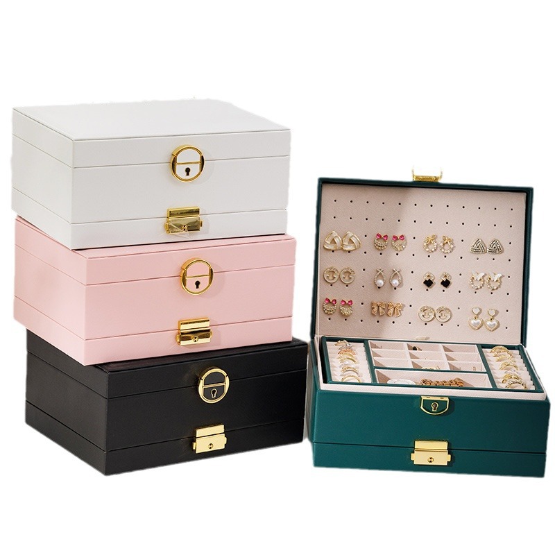 Nueva gran capacidad de cuatro capas caja de joyería caja de almacenamiento de joyería de cuero hogar pendientes anillo caja de almacenamiento de joyería