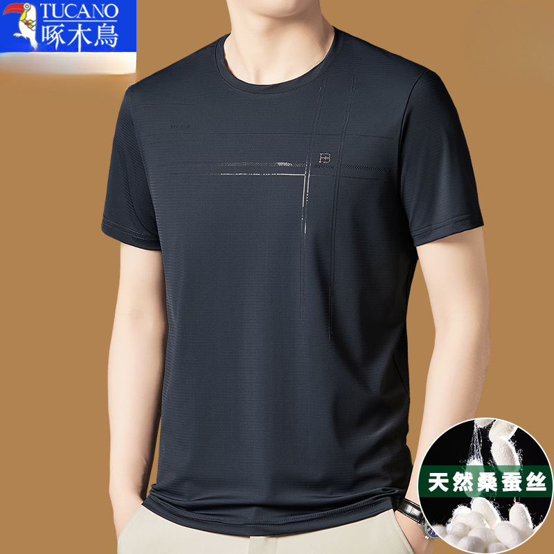 キツツキマルベリーシルク半袖 Tシャツメンズ 2025 新しい夏のラウンドネック Tシャツアイスシルク半袖メンズ Mengwei|undefined