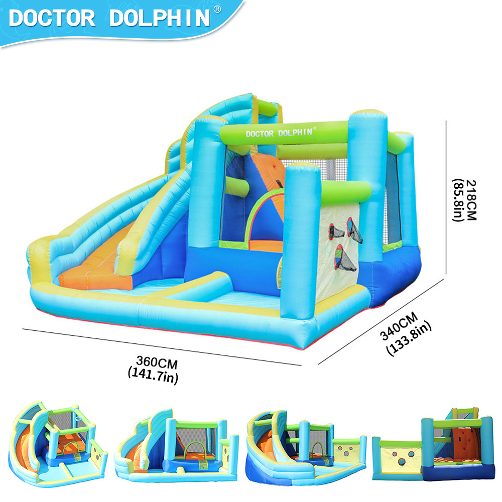 Doctor Delfín | Castillo inflable para el hogar, pequeño castillo inflable con rociador de agua para niños, tobogán inflable para interiores, trampolín acuático