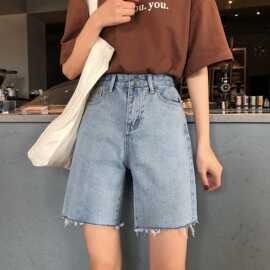 2022年夏季短裤女新款薄款直筒毛边宽松休闲五分牛仔短裤女浅蓝色