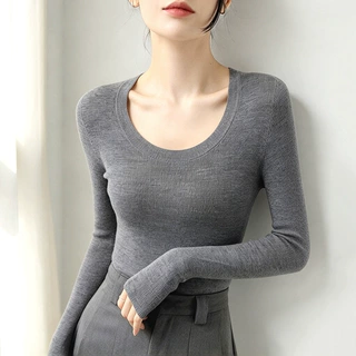 U领100绵羊毛修身内搭女秋冬套口缝合套头打底衫纯色佰搭毛衣8837