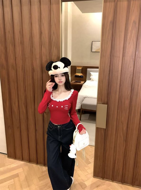 红色花边拼接u领长袖T恤女秋季可爱猫咪修身收腰甜辣紧身打底上衣|undefined