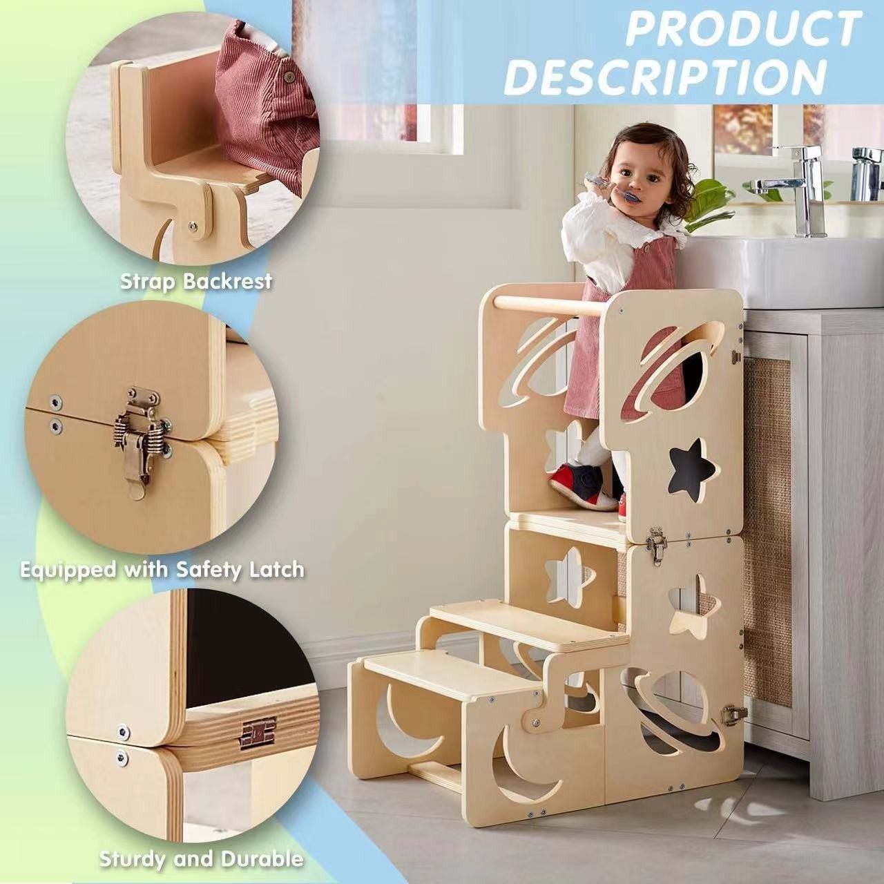 Cross-Border Children's Three-In-One Foldable Baby Hand Washing Stool Multi-Functional Kitchen Stool Montessori Climbing Chair Learning Tower