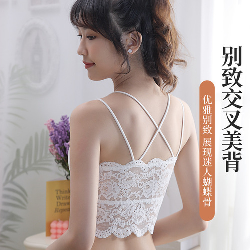 French cross-stitch lace beauty backless camisole bralette strapless backless bra with cushion for underwire and non-slip spaghetti straps underwear thin