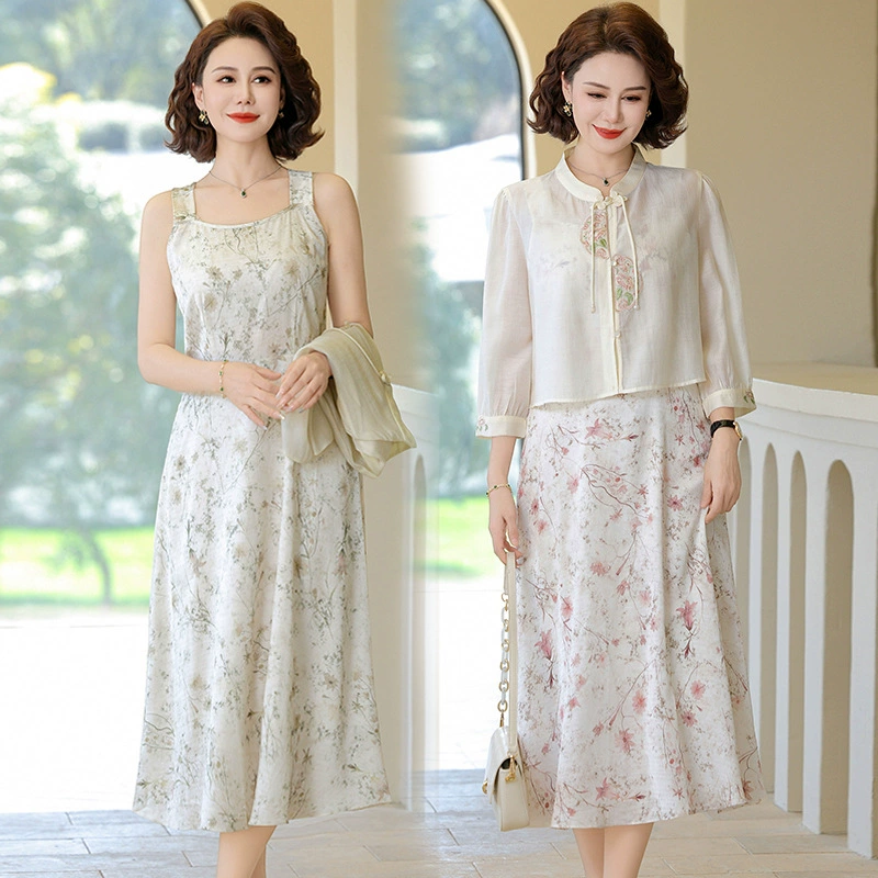Высококачественное новое китайское платье Cheongsam на подтяжках с цветочным принтом для мам среднего возраста, летний костюм, длинная юбка