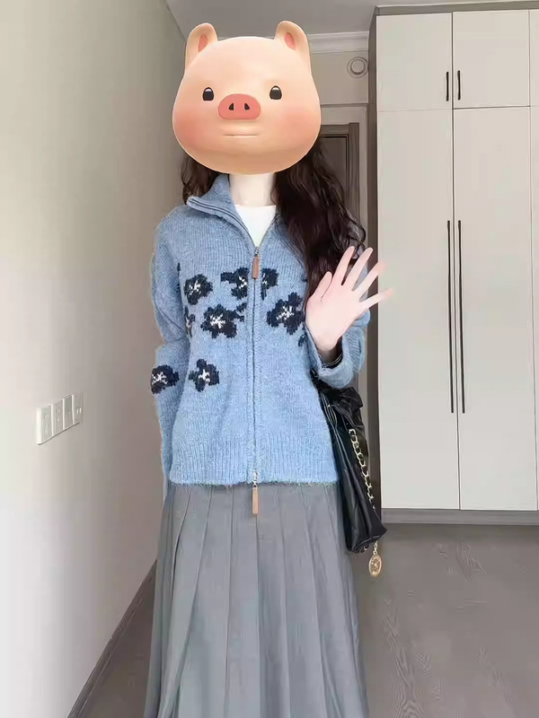 费尔岛美式慵懒风秋冬新款设计感钩花拉链蓝色毛衣外套女针织开衫|undefined