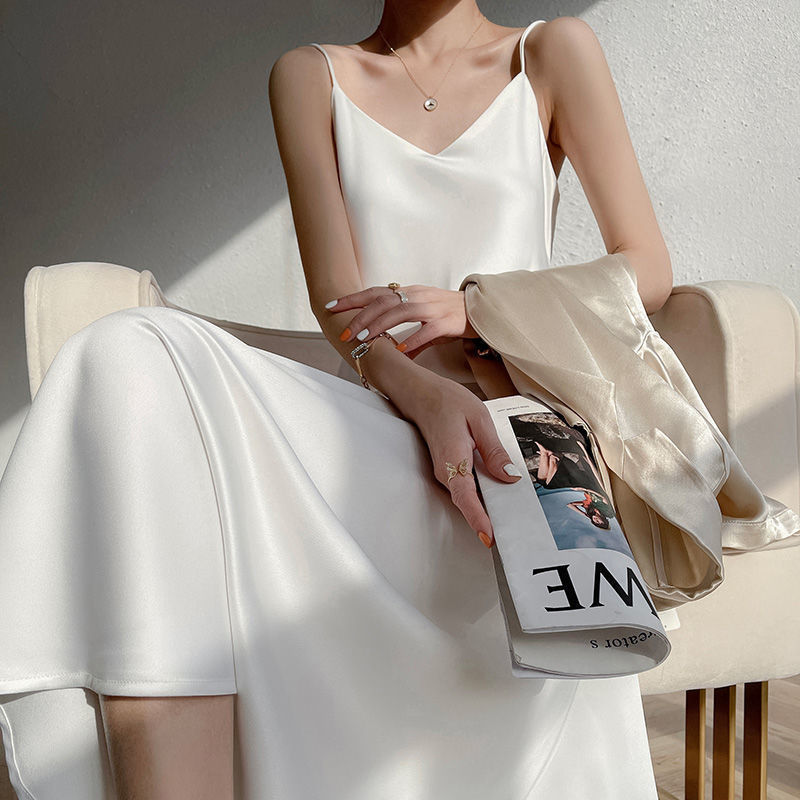 Cross-Border Long Dress with Straps for Women, Spring and Summer Inner Wear, Base Layer for Suits, Elegant French Satin Long Dress, Dropshipping