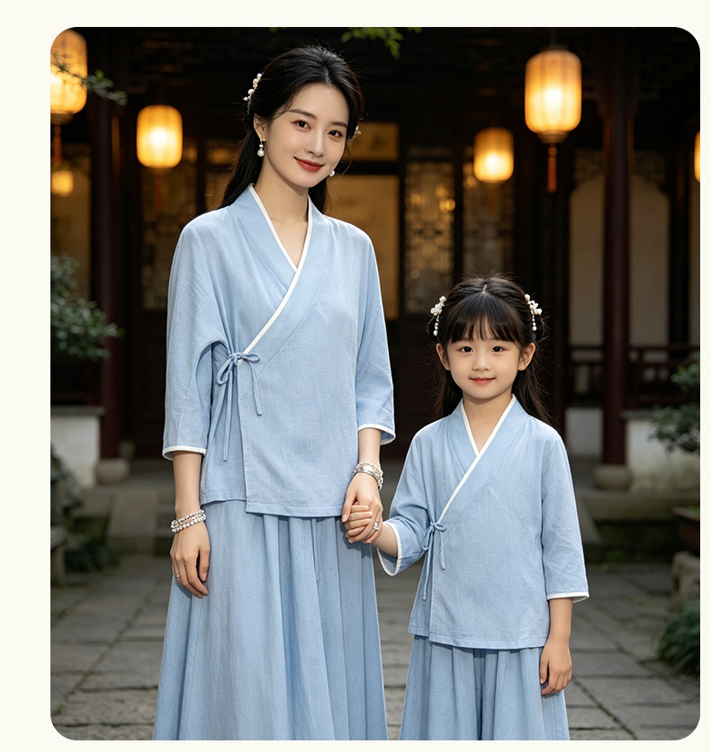 Váy mẹ con Hán phục cải tiến tay lỡ mùa hè chất liệu lanh pha sợi Lyocell phong cách Tân Trung Quốc — Màu hồng - Váy chi tiết 19