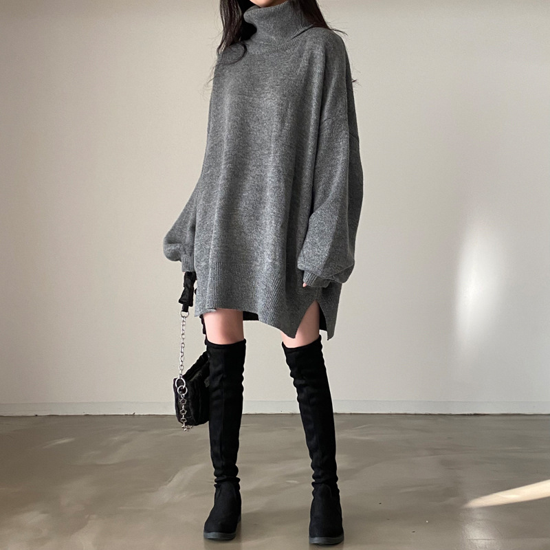 Korean 2026 Spring and Autumn Lazy High-Neck Warm Mid-Length Pullover Sweater for Women, Loose Long-Sleeve Knitted Sweater for Women