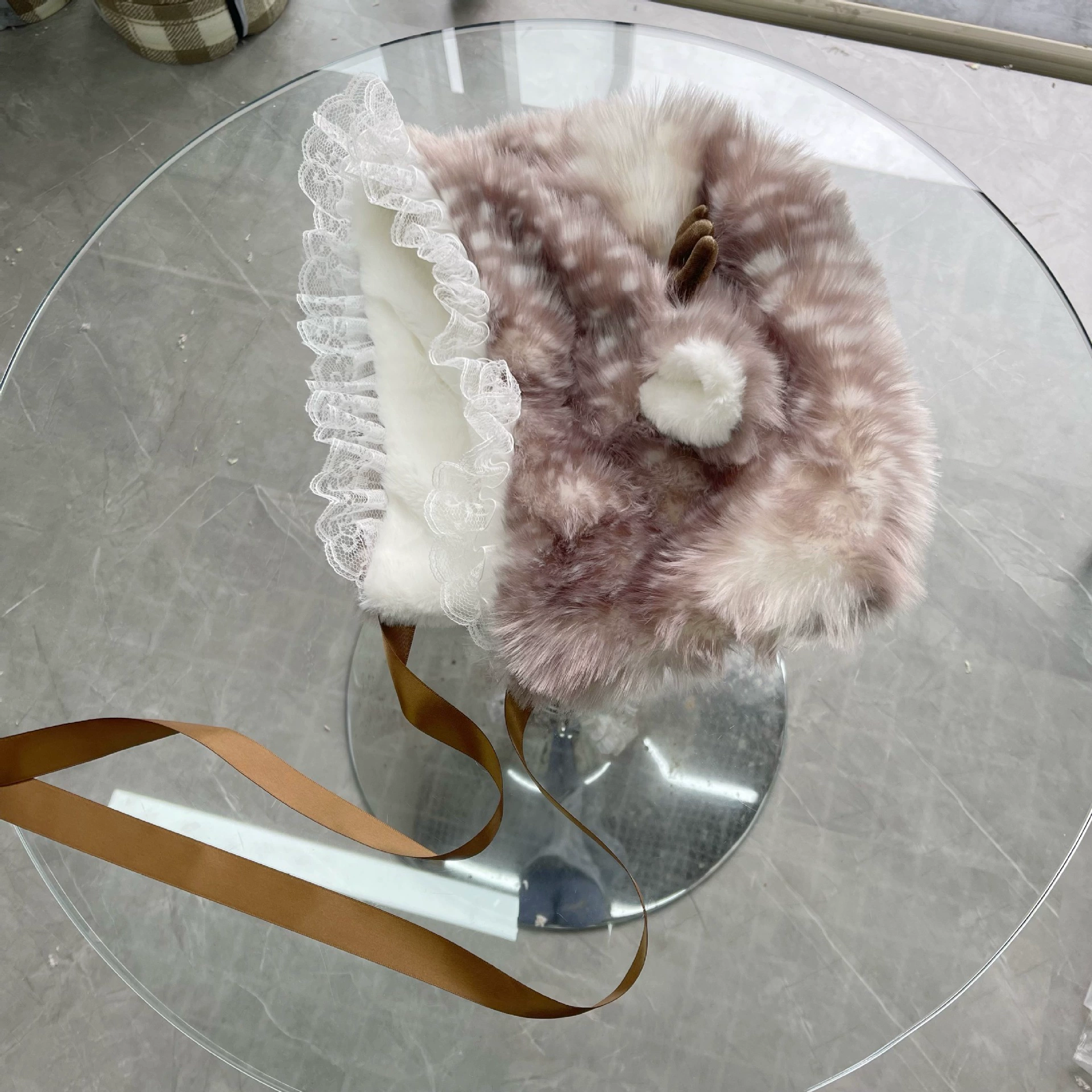 Plush Mori Hat (Mori) Deer Lace Bonnet, Thick Warm Faux-Fur, Cute Japanese Lolita Style