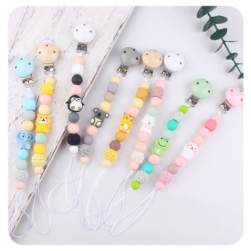 Productos para bebés y niños clip de tetina de madera 3D dibujos animados animales perlas de silicona DIY calmar bebés tetina cadena anti-caída cadena