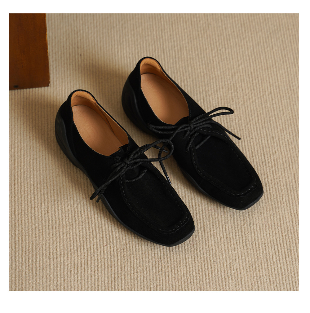 Giày lười nữ mũi vuông da cừu mềm phong cách DeTrain vintage buộc dây — đen chi tiết 13