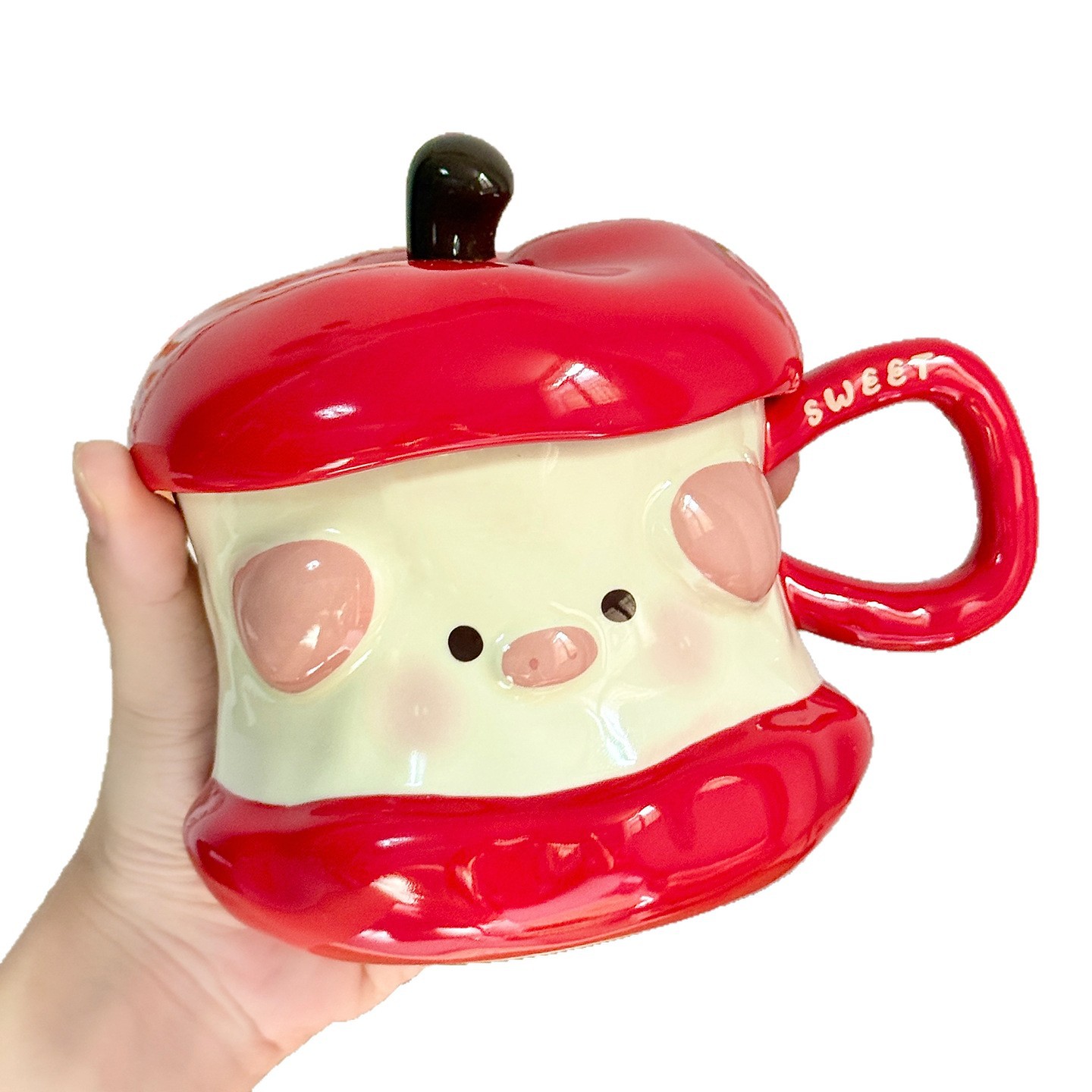 Hermosas tazas de cerámica de cerdo de manzana con tapa taza de regalo de cumpleaños taza de agua casera taza de regalo de navidad taza