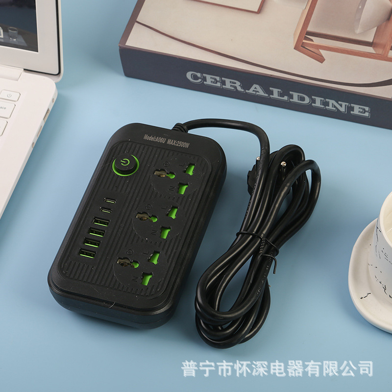 4USB + 2Type-C enchufe con puerta de seguridad verde estándar británico estándar europeo y americano anillo de decoración del interruptor de botón