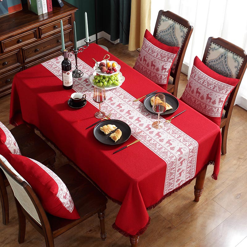 polyester fiber knitted jacquard red deer white tassel Christmas rectangular tableclothpicture3