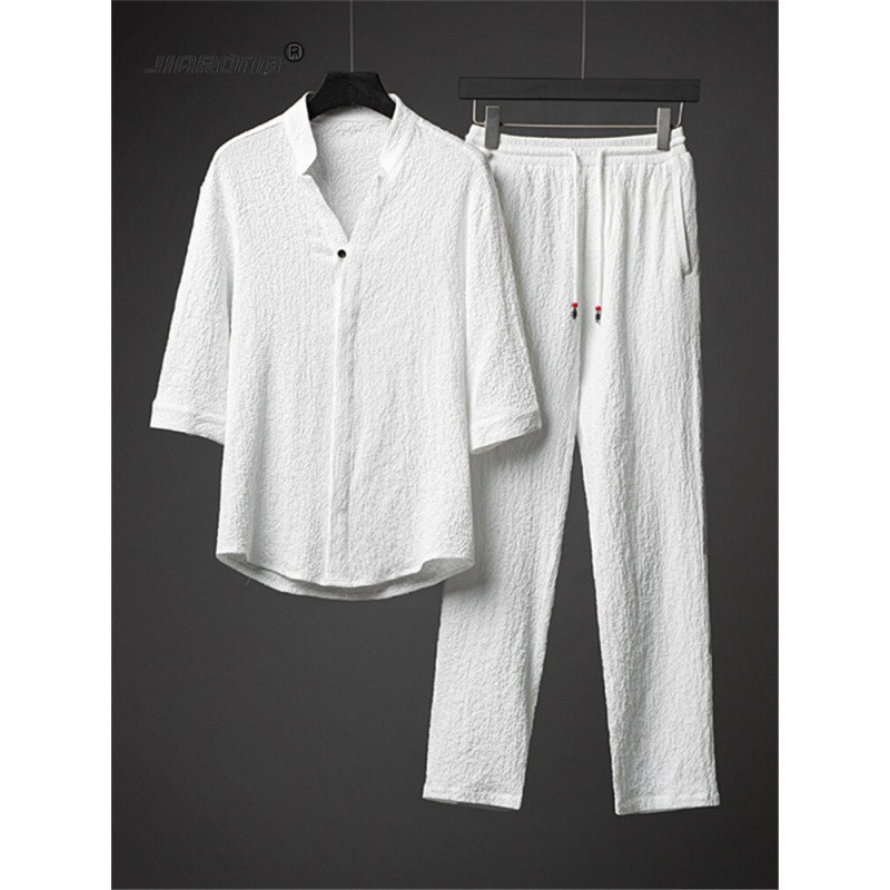 Linen Suit Men's Summer Ice Silk Han Dynasty Men's Clothing with a Set of Handsome Chinese Style Men's Cotton and Linen Short-Sleeved Shirts