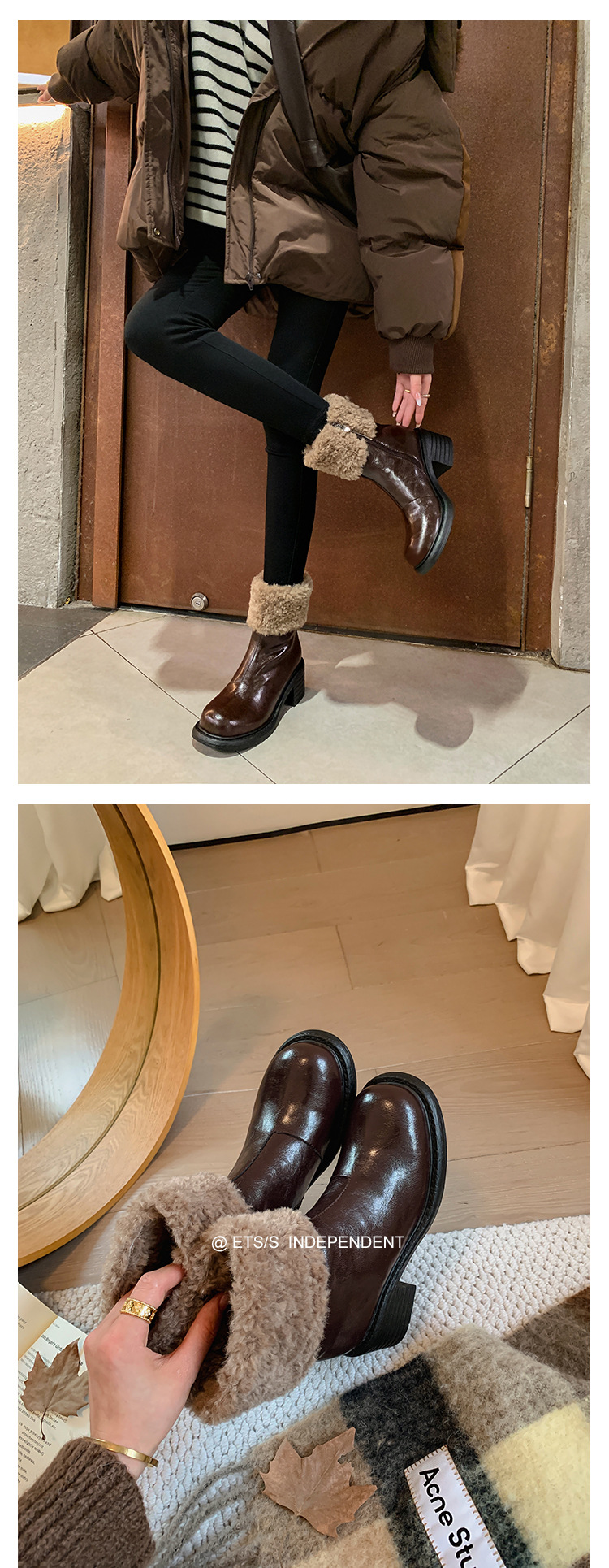 Boot nữ mũi tròn cổ ngắn lót lông giữ ấm gót cao — màu đen chi tiết 29