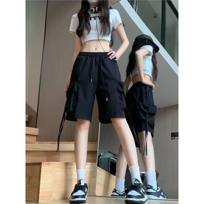 Hong Kong Style Black Handsome Sports Shorts Summer Thin Men's and Women's Loose Wide-Leg Casual Straight-Leg Five-Point Cargo Pants Hong Kong Style Black Handsome Sports Shorts Summer Thin Men's and Women's Loose Wide-Leg Casual Straight-Leg Five-Point Cargo Pants