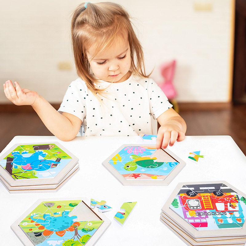 Rompecabezas de animales de dibujos animados tridimensional creativo para niños hexagonales rompecabezas de Educación Temprana de Madera Juguetes cognitivos de tráfico de frutas y verduras