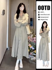 法式条纹长袖衬衫连衣裙子女装2025早秋季新款收腰气质小个子长裙