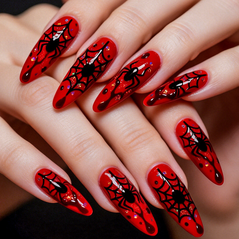 New Cross-Border Halloween Embossed Spider Dark Sweet Cool Style Long Pointed Detachable Nail Tips 24 Pieces Wholesale New Cross-Border Halloween Embossed Spider Dark Sweet Cool Style Long Pointed Detachable Nail Tips 24 Pieces Wholesale
