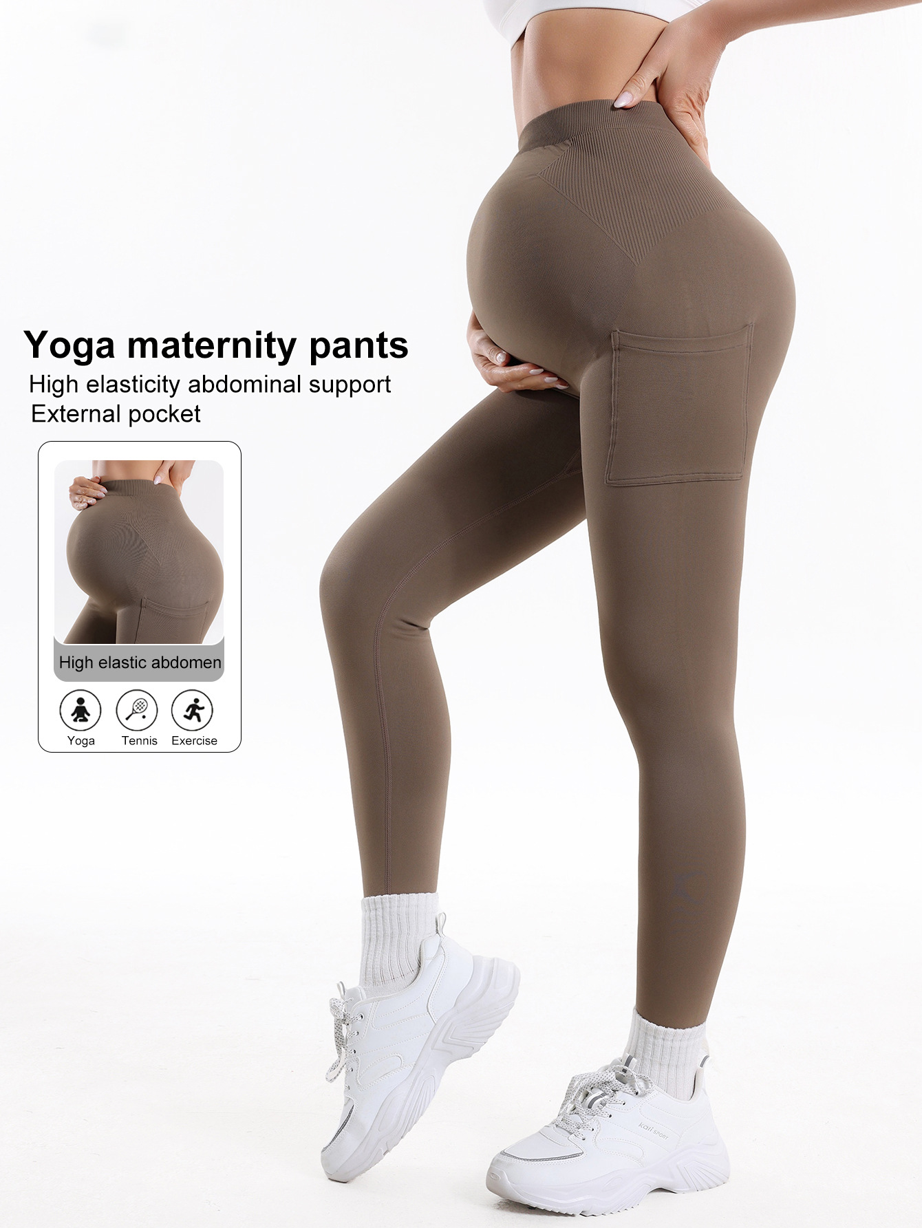 Pantalones de yoga sin costuras de estilo europeo y americano para mujeres embarazadas con bolsillos, pantalones de maternidad para fitness, leggings de maternidad ajustados que realzan los glúteos.