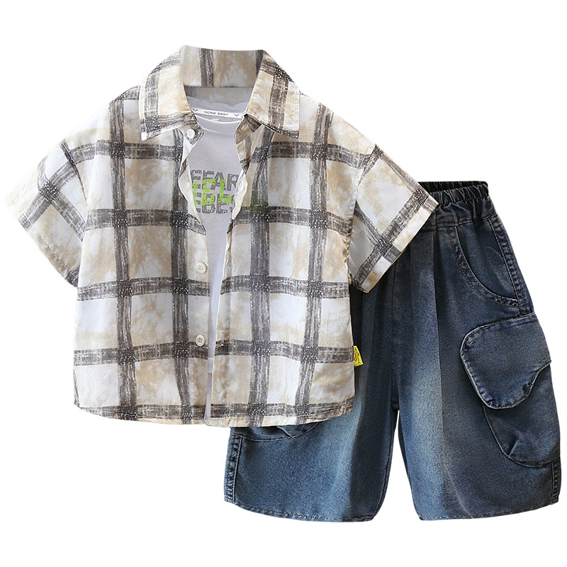 7314 Traje de verano para niños 2025 Nueva camisa a cuadros de manga corta Ropa de verano para niños guapos Traje de tres piezas de moda Verano