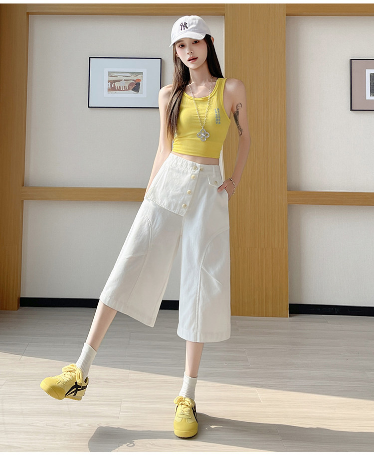 Quần culottes nữ ống rộng cạp cao dáng suông vải cotton — màu trắng chi tiết 16