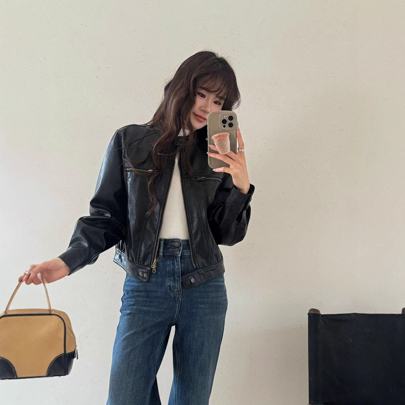 Early Autumn Round-Neck Loose-Fitting Black and Coffee-Colored Pu Leather Jacket for Petite Figures, American-Style Biker Leather Jacket
