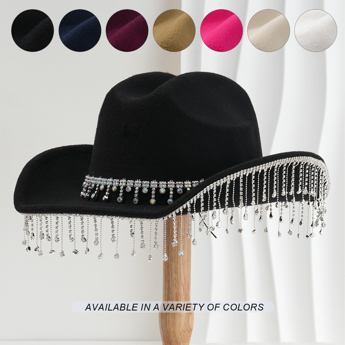 Cappello da cowboy western neutro unisex da donna con catena media Drop Jewel e nappa di strass, cappello a cilindro da sposa_voghion.com