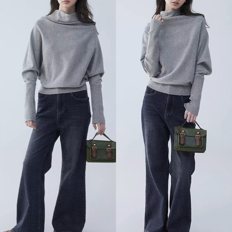 "Mustard Pie" Gray Half Turtleneck Bat Sleeve Pullover Knitwear for Women Autum Design Loose Top