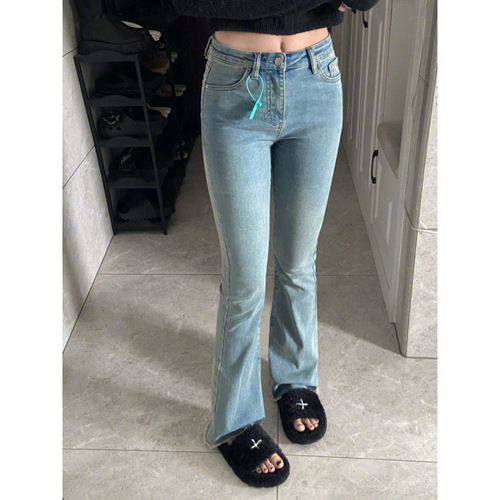 Women's winter new large size micro bell-bottom jeans, versatile, slimming, stretchy high-waisted casual floor-length pants