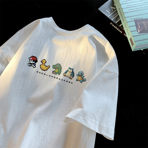 Pixel-style cartoon short-sleeve t-shirt for men, summer trendy brand, simple and loose pure cotton clothing, fashionable and versatile, heavy half-sleeve
