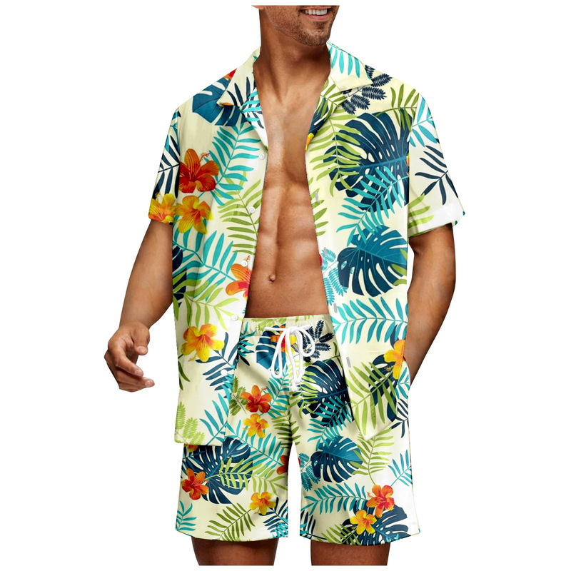 New Cross-Border European Size Vacation Casual Loose Shirt Suit Hawaii Seaside 3D Digital Printing Beach Short Sleeves