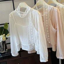 配蕾丝围脖~韩国chic小众韩版透视小衫吊带背心长袖上衣两件套